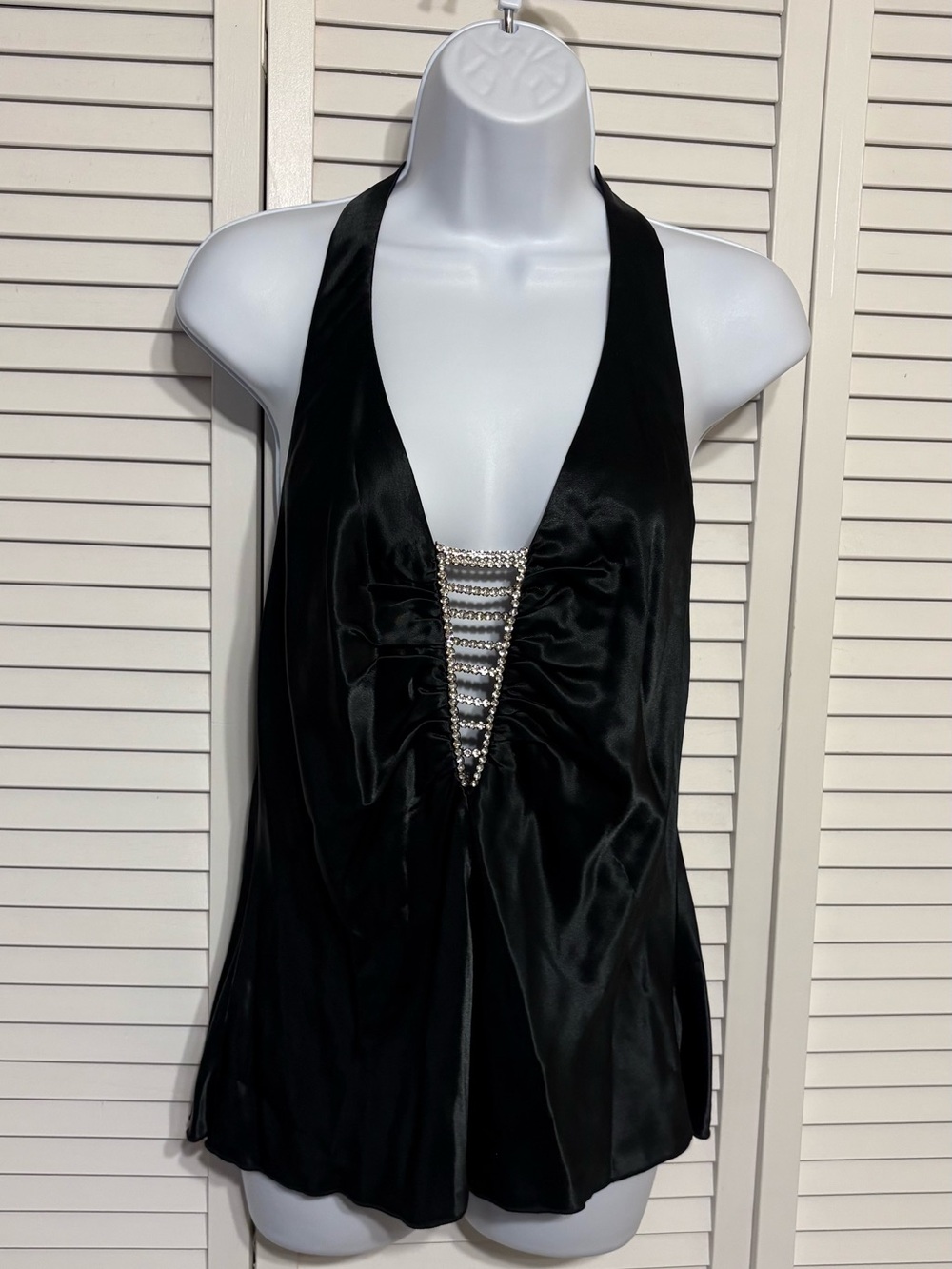 Black Satin Halter Top with Rhinestone Ladder
